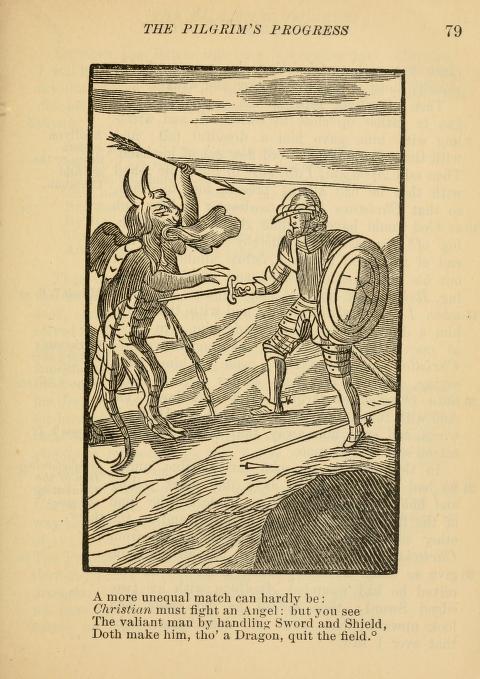 Christian battles Apollyon with the Sword of the Spirit — woodcut from The Pilgrim's Progress