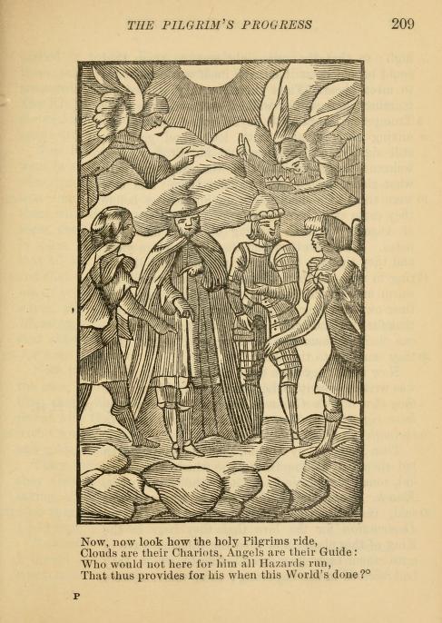 Pilgrims escorted by angels to the Celestial City — woodcut from The Pilgrim's Progress